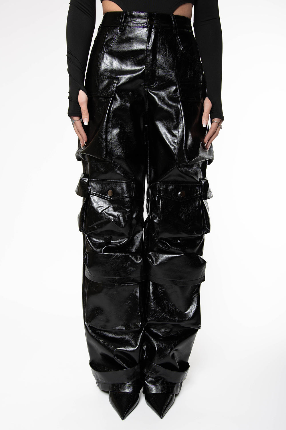 Ahvery Vinyl Multipocket Leatherlook Cargo Pants - Black Pants Routines Fashion   