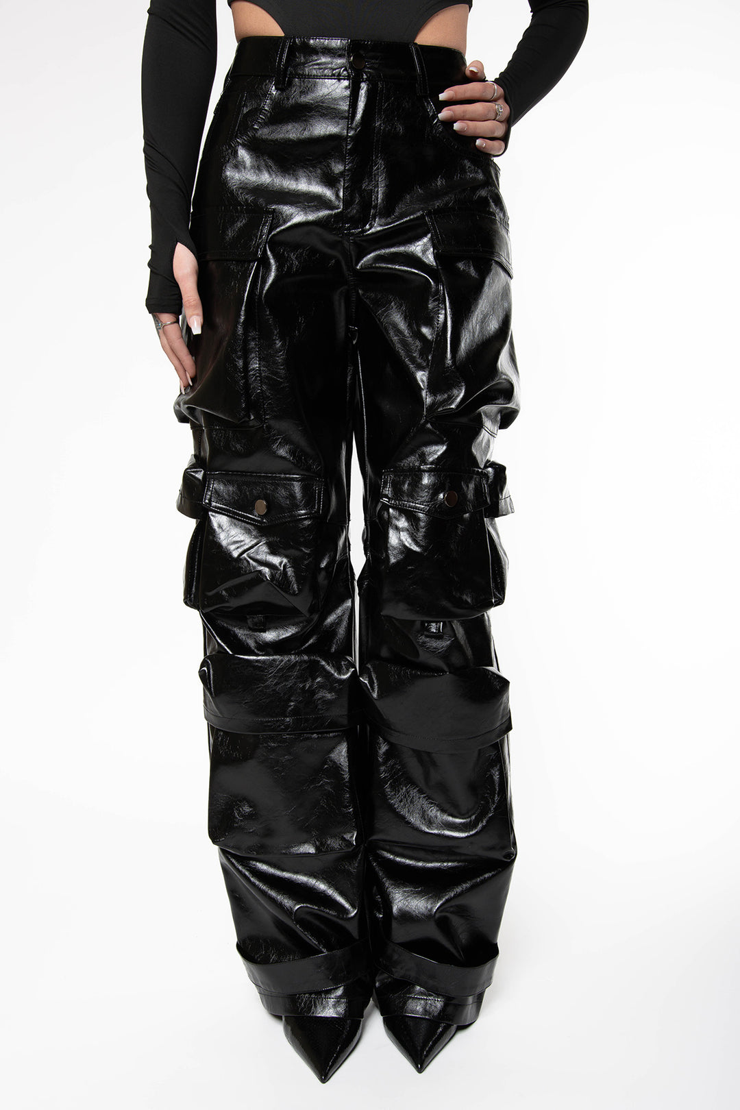 Ahvery Vinyl Multipocket Leatherlook Cargo Pants - Black Pants Routines Fashion   