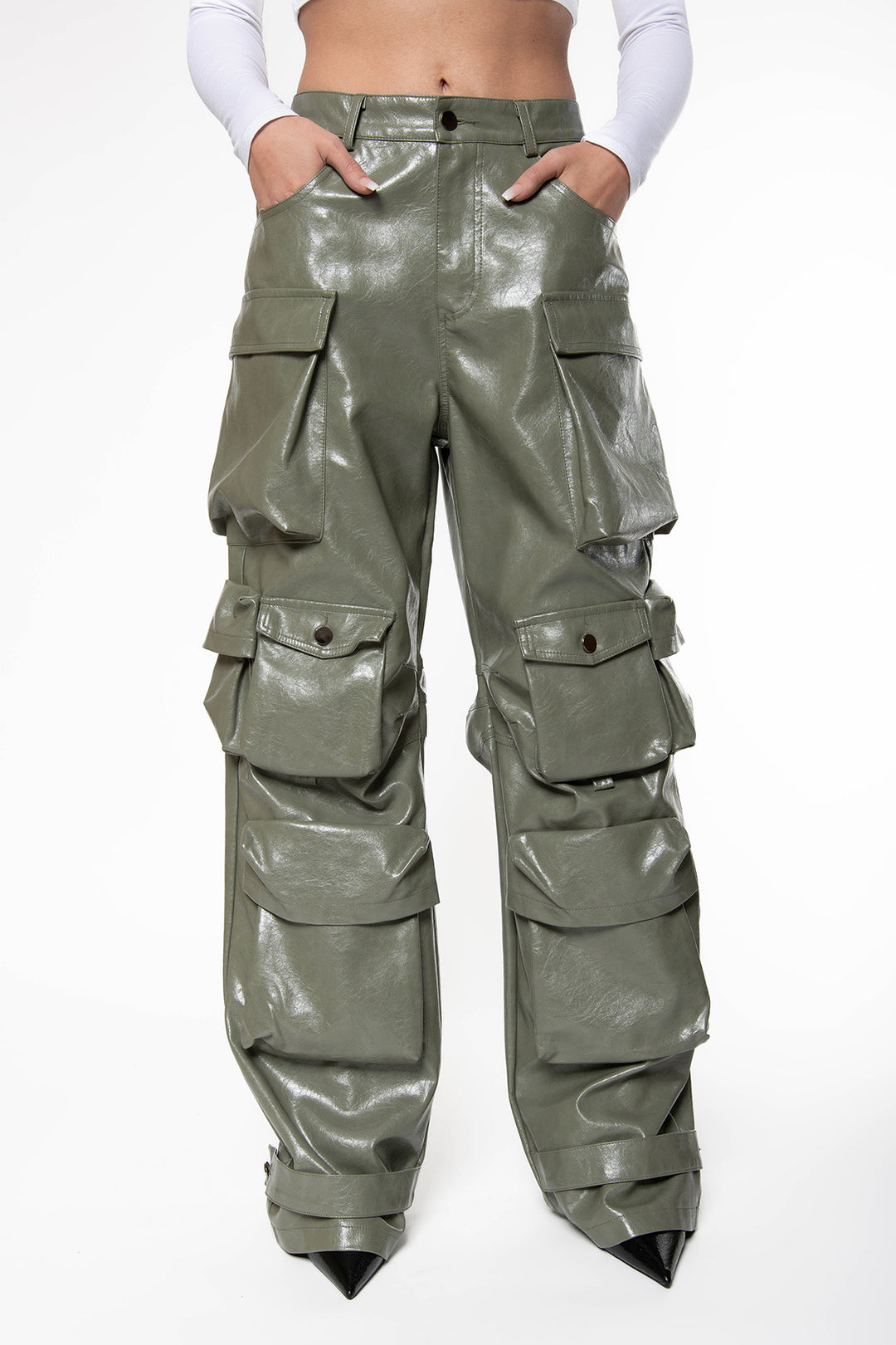 Ahvery Vinyl Multipocket Leatherlook Cargo Pants - Khaki Pants Routines Fashion   