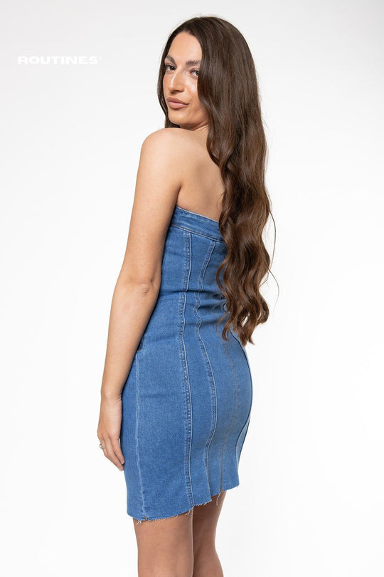 Alex Stretch Strapless Denim Dress - Blue Dress Routines Fashion   