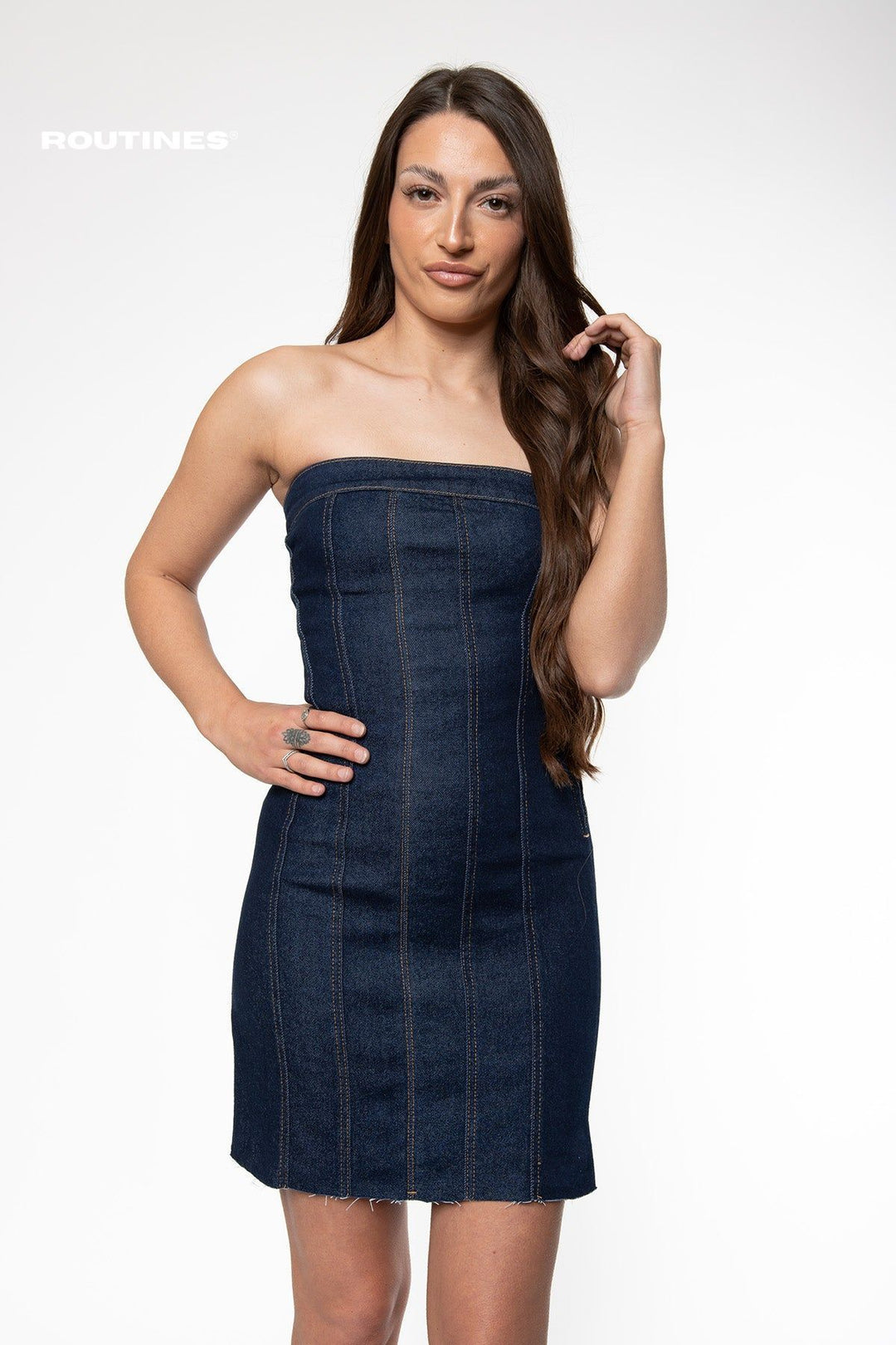 Alex Stretch Strapless Denim Dress - Dark Blue Dress Routines Fashion   