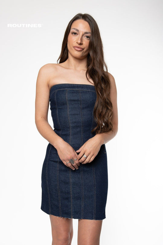 Alex Stretch Strapless Denim Dress - Dark Blue Dress Routines Fashion   