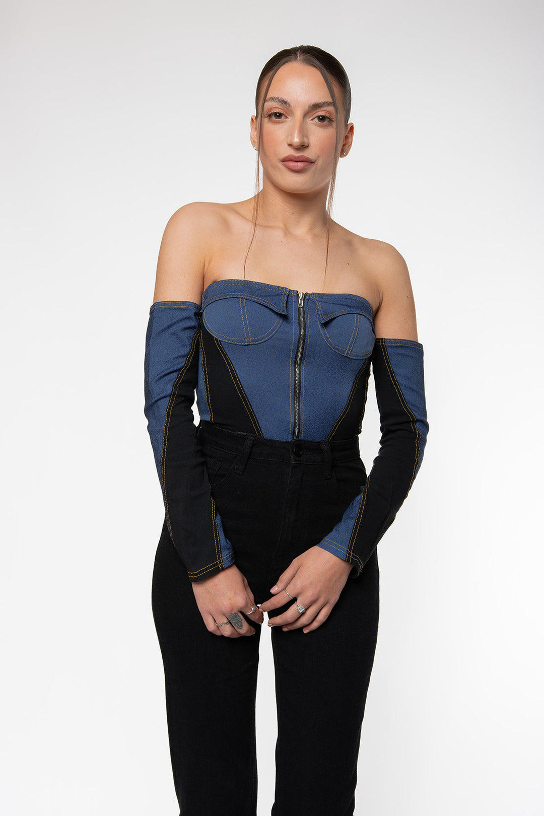 Amyra Inspired Denim Bodysuit Body Routines Fashion   