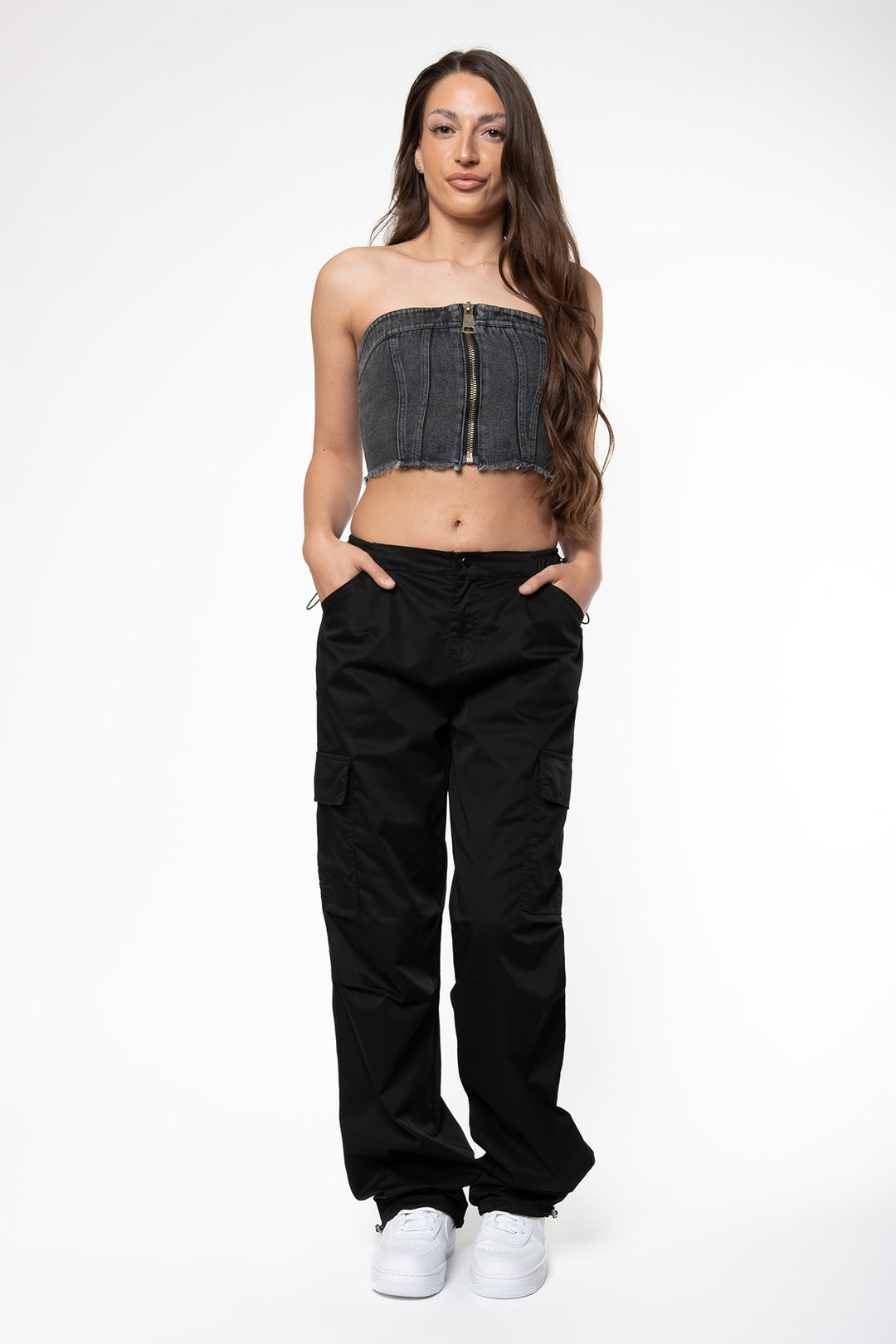 Ayla Denim Bandeau Top - Washed Black Top Routines Fashion   