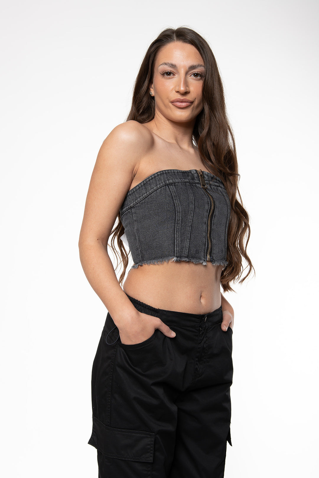 Ayla Denim Bandeau Top - Washed Black Top Routines Fashion   