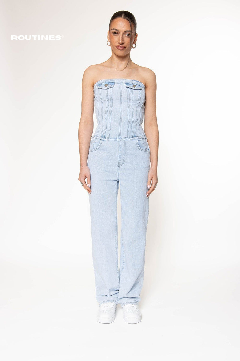 Dannin Stretch Denim Jumpsuit - Washed Blue Jumpsuit Routines Fashion   