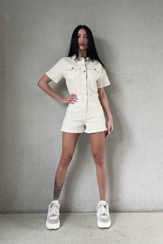 Charlene Stretch Denim Playsuit - Beige Playsuit Routines Fashion   