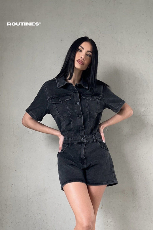 Charlene Stretch Denim Playsuit - Black Playsuit Routines Fashion   