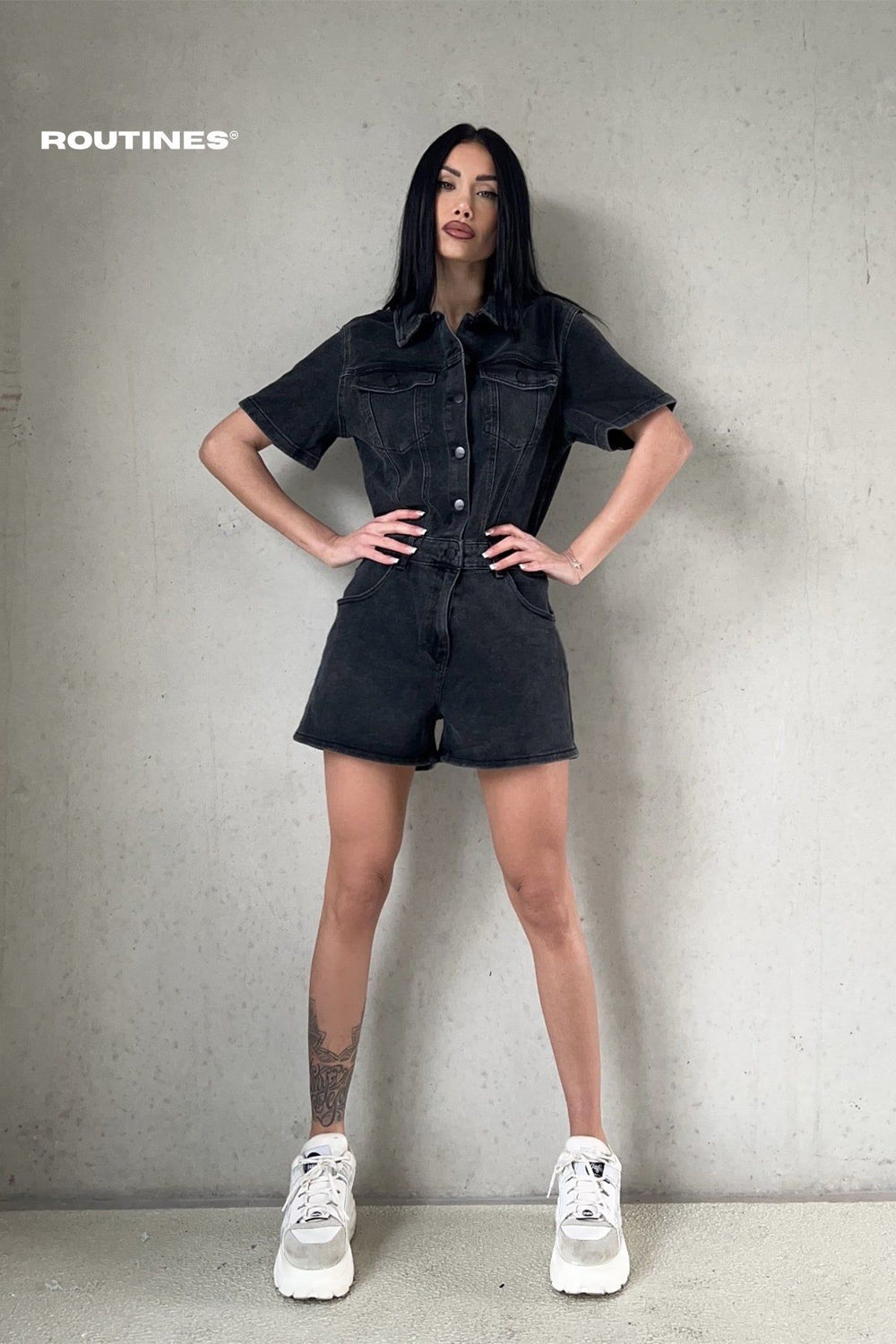 Charlene Stretch Denim Playsuit - Black Playsuit Routines Fashion   