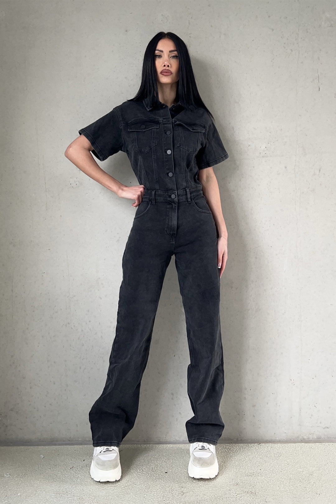 Chloe Stretch Denim Jumpsuit - Black Jumpsuit Routines Fashion   