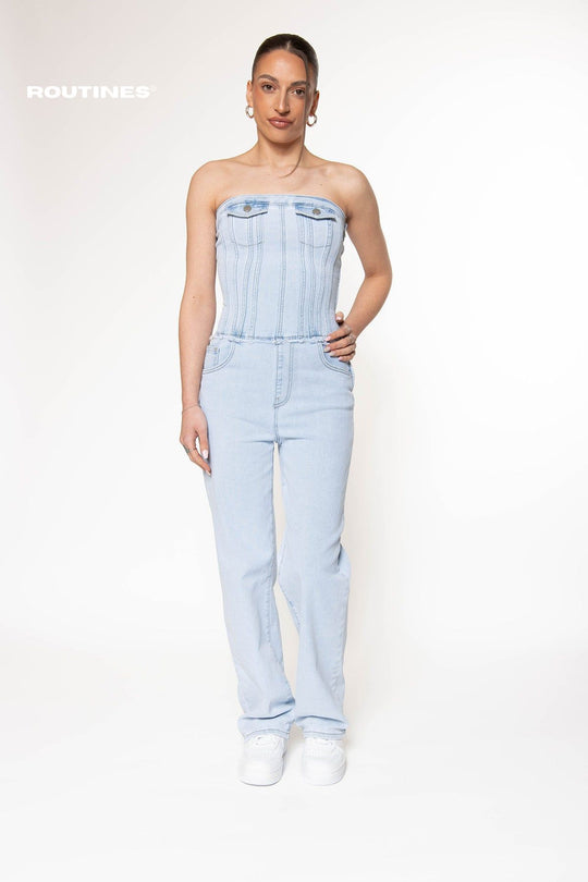 Dannin Stretch Denim Jumpsuit - Washed Blue Jumpsuit Routines Fashion   