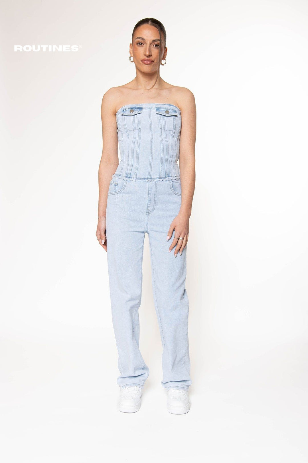 Dannin Stretch Denim Jumpsuit - Washed Blue Jumpsuit Routines Fashion   