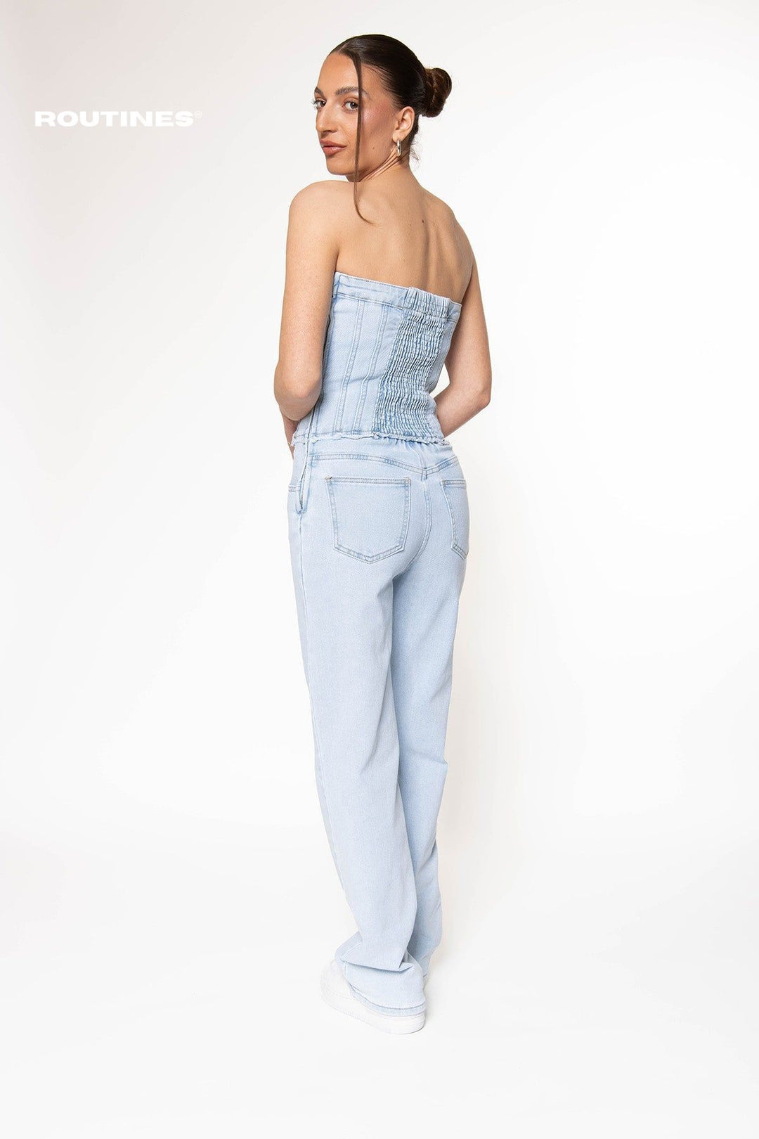 Dannin Stretch Denim Jumpsuit - Washed Blue Jumpsuit Routines Fashion   