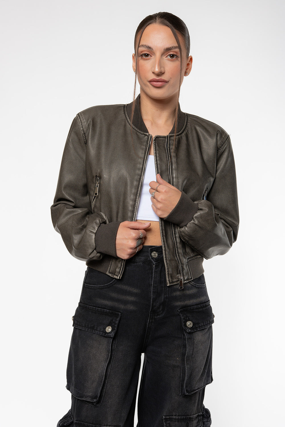 Devin Faux Leather Bomber Jacket - Washed Khaki Jacket Routines Fashion   