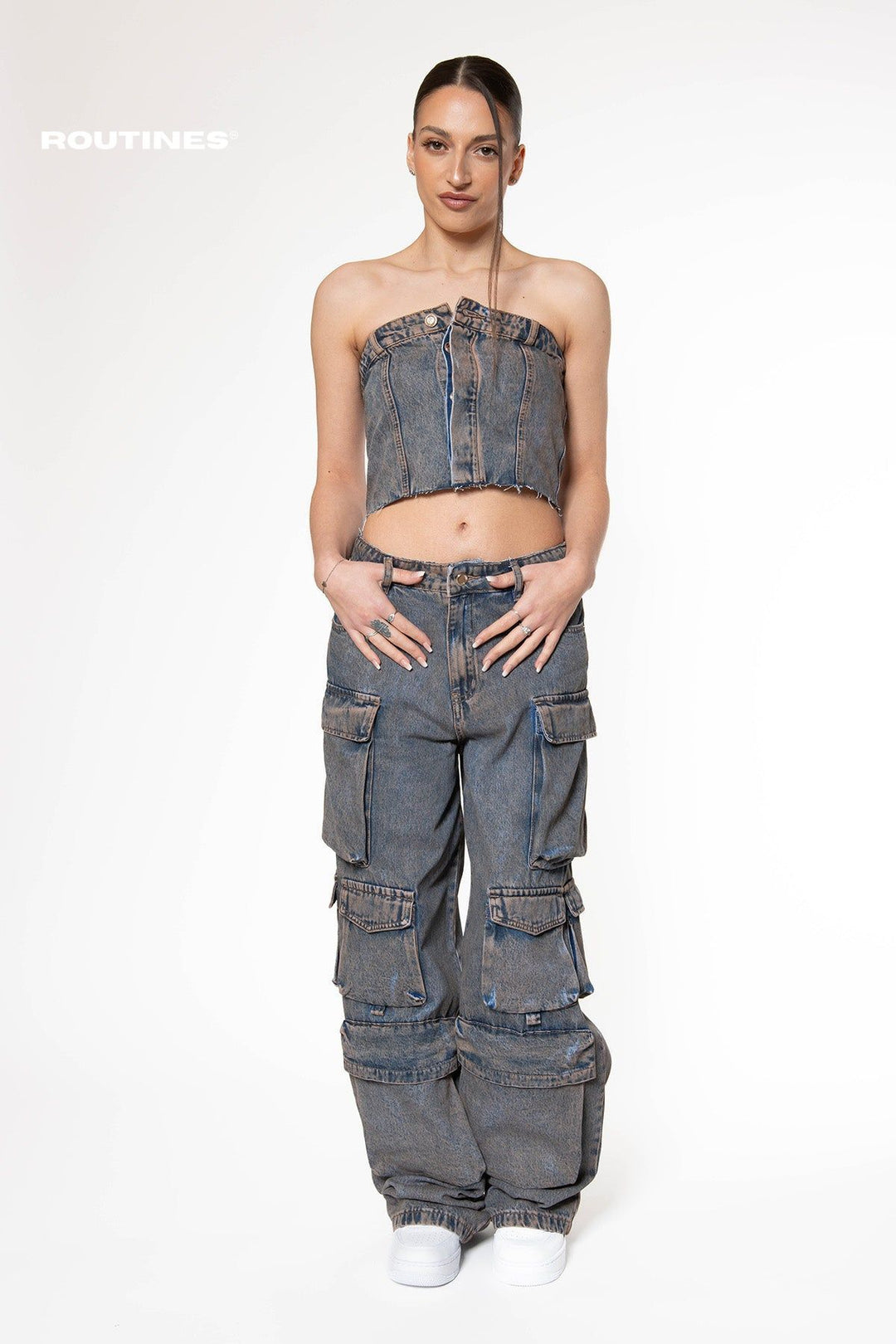 Dianne Vintage Washed Cargo Denim Set Set Routines Fashion   