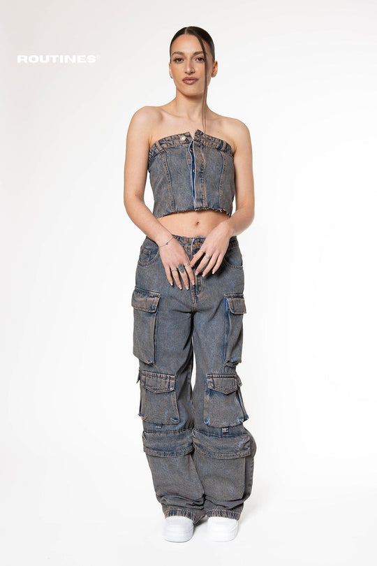 Dianne Vintage Washed Cargo Denim Set Set Routines Fashion   