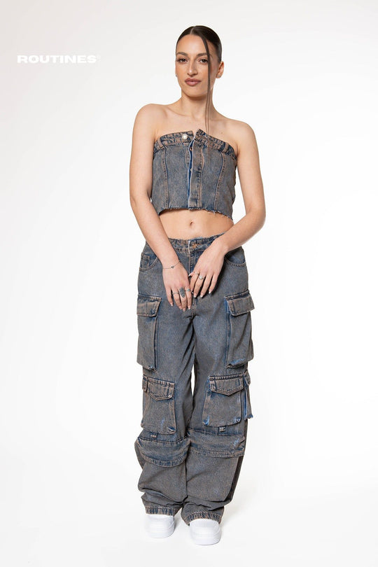 Dianne Vintage Washed Cargo Denim Set Set Routines Fashion   