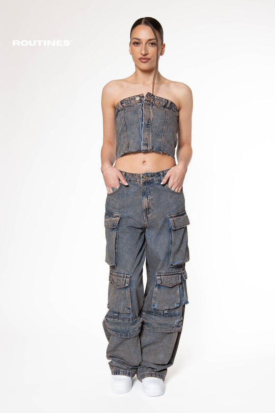 Dianne Vintage Washed Cargo Denim Set Set Routines Fashion   