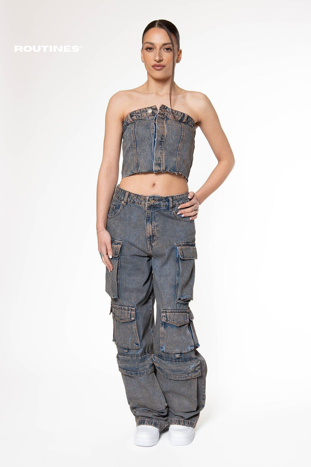 Dianne Vintage Washed Cargo Denim Set Set Routines Fashion   