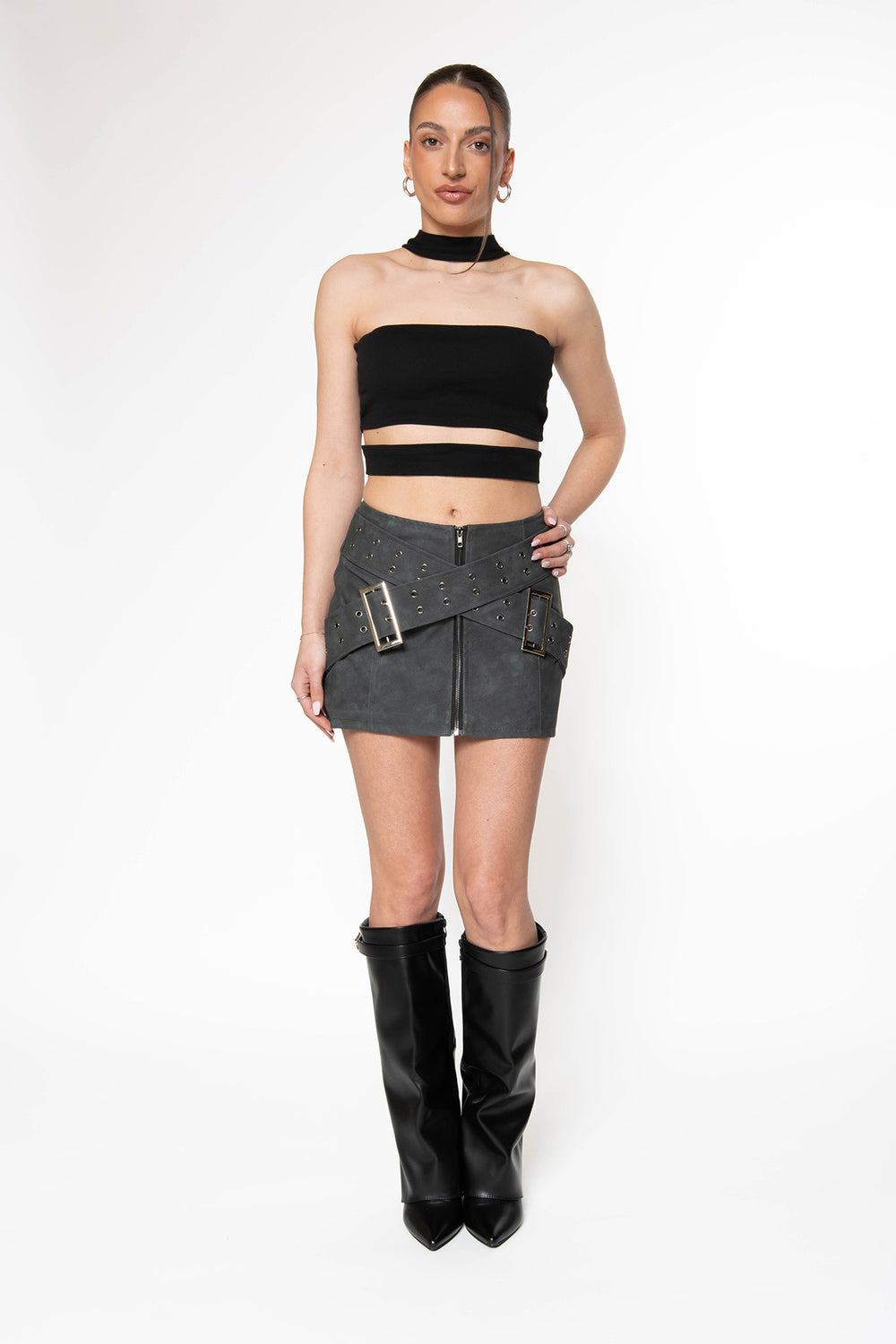 Edika Leatherlook Cross Belts Skirt - Grey Skirt Routines Fashion   