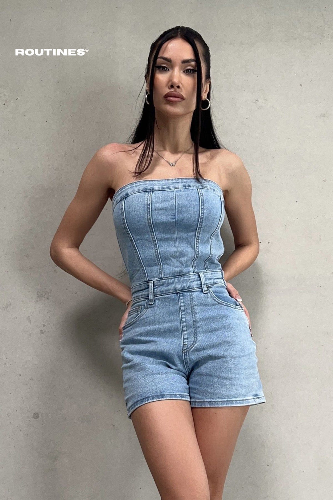 Femke Stretch Denim Playsuit - Blue Playsuit Routines Fashion   