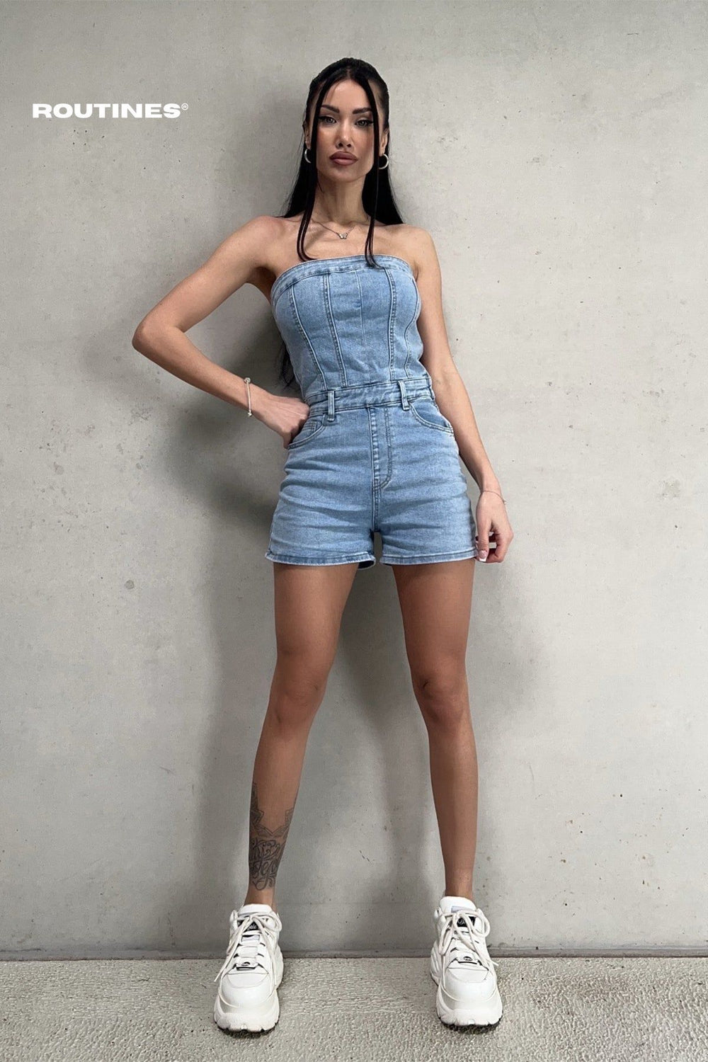 Femke Stretch Denim Playsuit - Blue Playsuit Routines Fashion   