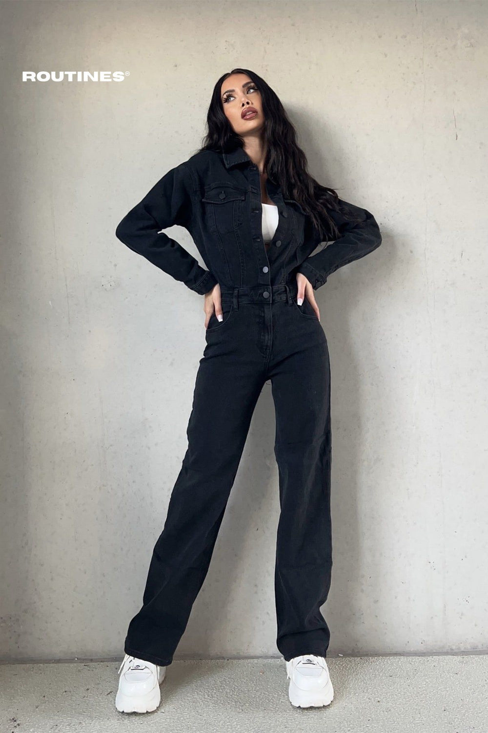 Gabriella Stretch Denim Jumpsuit - Black Jumpsuit Routines Fashion   