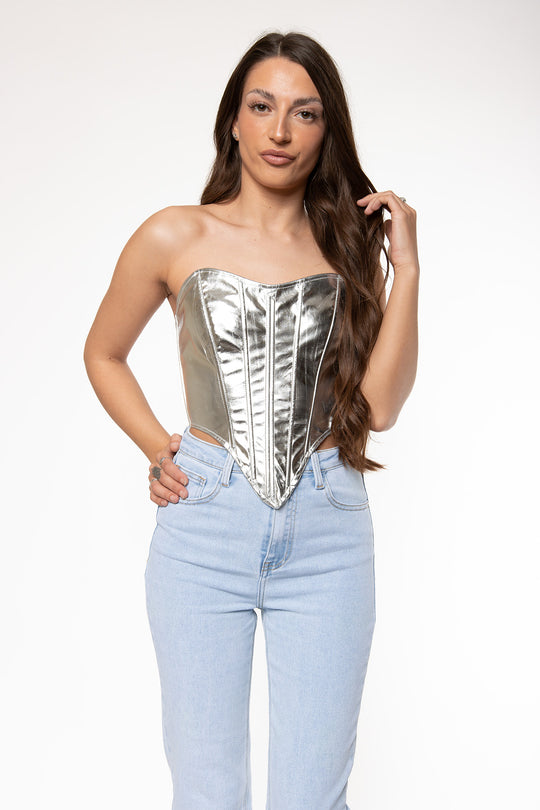 Hether Metallic Corset Top - Silver Top Routines Fashion   