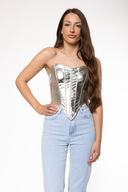 Hether Metallic Corset Top - Silver Top Routines Fashion   