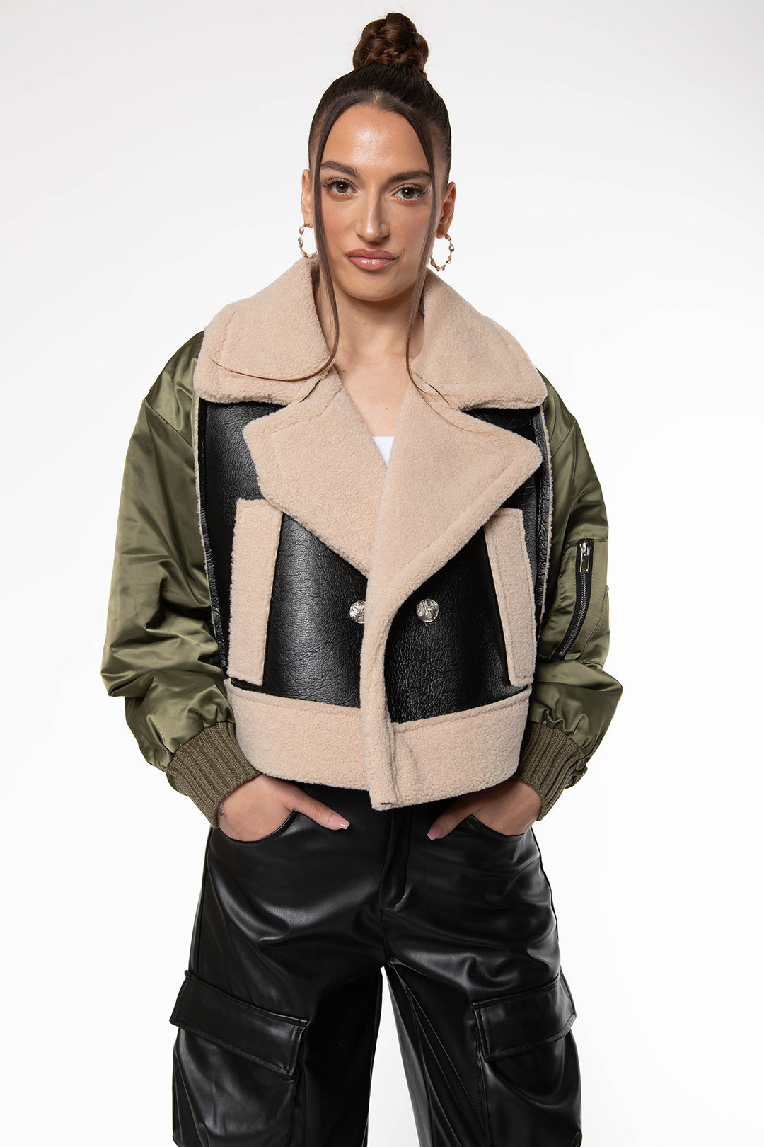 Isabella PU Faux Fur Bomber Jacket - Army Green Jacket Routines Fashion   
