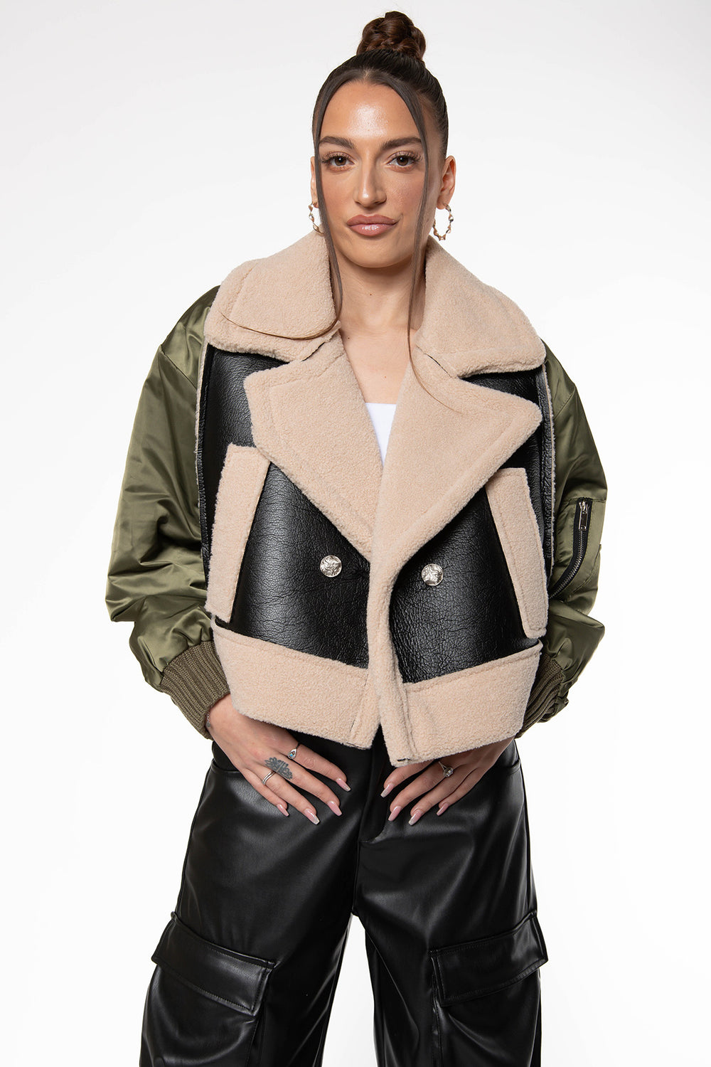 Isabella PU Faux Fur Bomber Jacket - Army Green Jacket Routines Fashion   