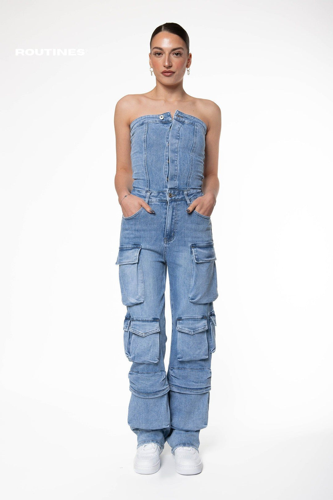 Kamila Stretch Multipocket Cargo Denim Jumpsuit Jumpsuit Routines Fashion   