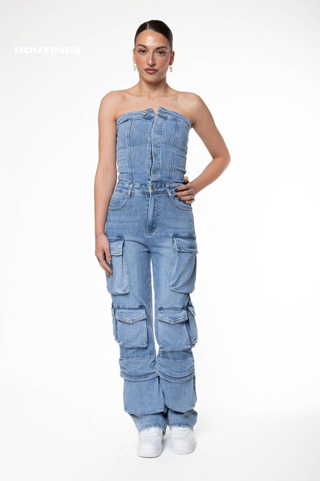 Kamila Stretch Multipocket Cargo Denim Jumpsuit Jumpsuit Routines Fashion   