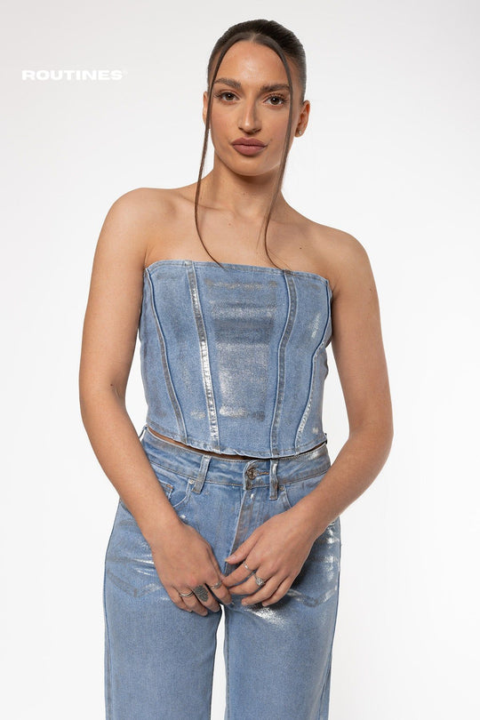 Karyn Metallic Stretch Denim Corset Top Routines Fashion   