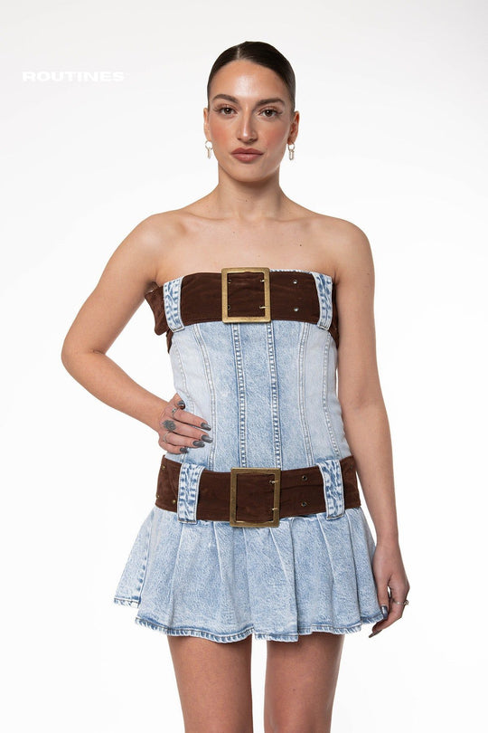 Kaya Belted Strapless Denim Mini Dress Dress Routines Fashion   