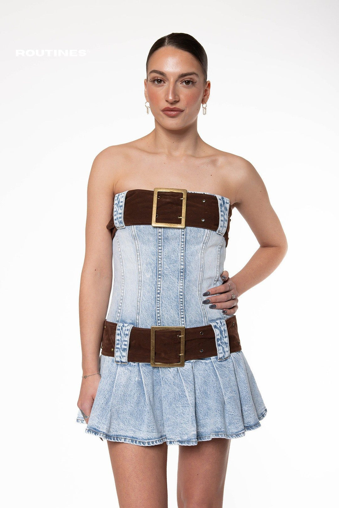 Kaya Belted Strapless Denim Mini Dress Dress Routines Fashion   