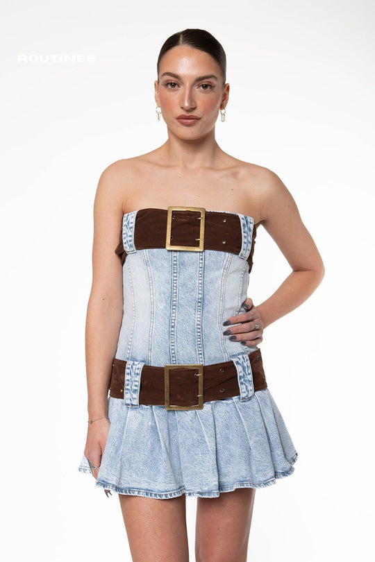 Kaya Belted Strapless Denim Mini Dress Dress Routines Fashion   