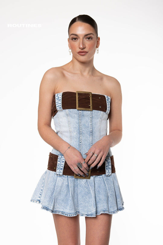 Kaya Belted Strapless Denim Mini Dress Dress Routines Fashion   