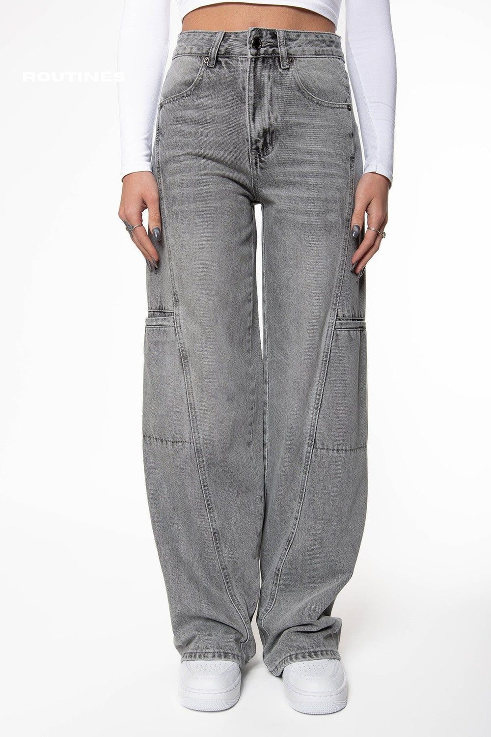 Kelleen Pockets Wide Leg Jeans - Washed Grey Jeans Routines Fashion   