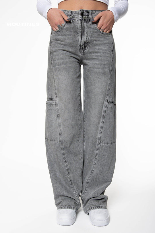 Kelleen Pockets Wide Leg Jeans - Washed Grey Jeans Routines Fashion   