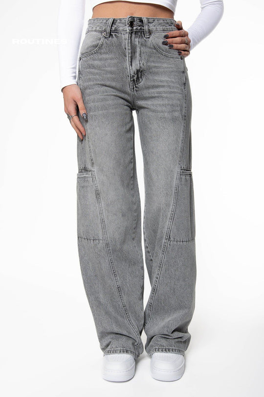 Kelleen Pockets Wide Leg Jeans - Washed Grey Jeans Routines Fashion   