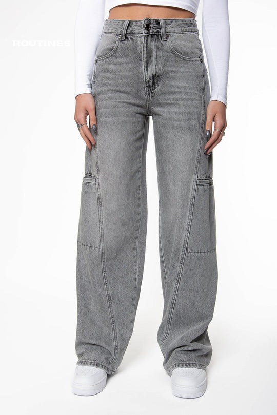 Kelleen Pockets Wide Leg Jeans - Washed Grey Jeans Routines Fashion   