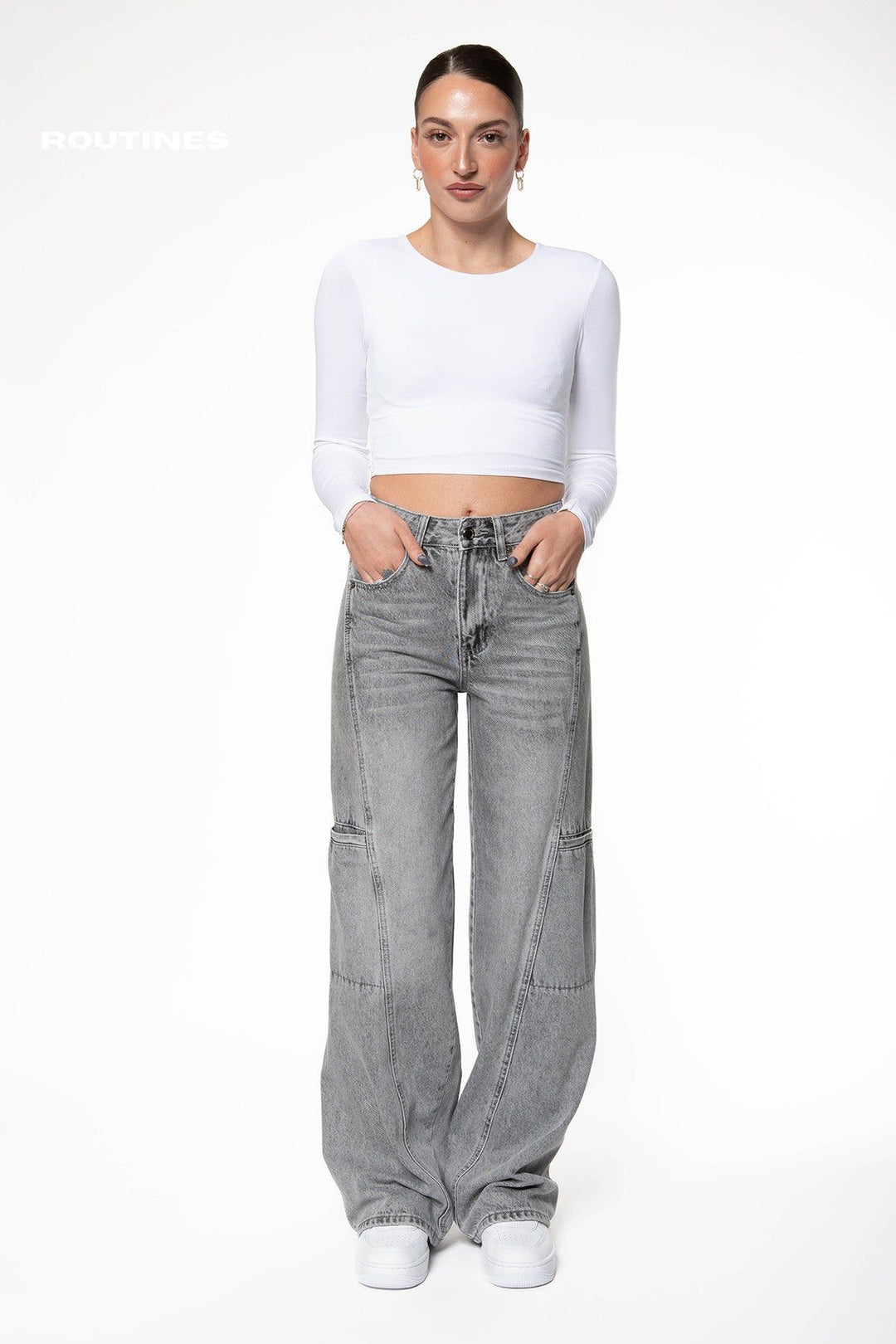 Kelleen Pockets Wide Leg Jeans - Washed Grey Jeans Routines Fashion   