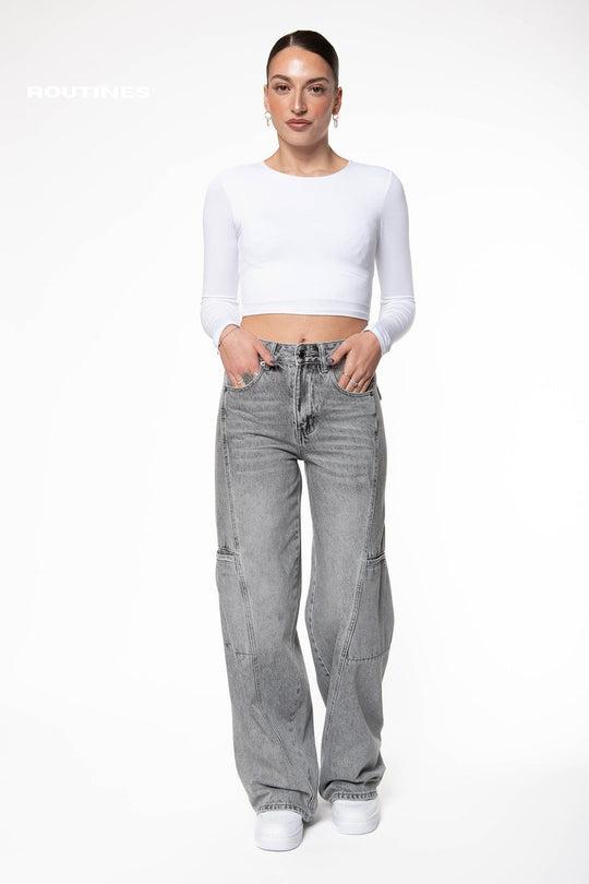 Kelleen Pockets Wide Leg Jeans - Washed Grey Jeans Routines Fashion   