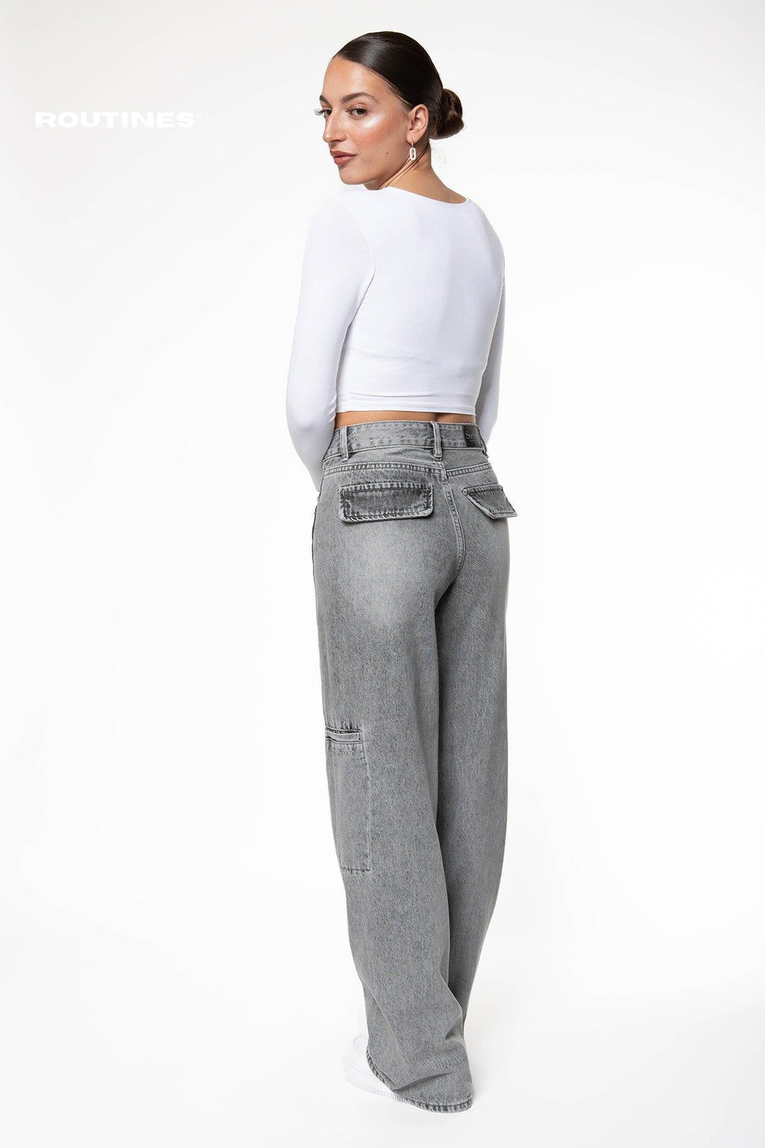 Kelleen Pockets Wide Leg Jeans - Washed Grey Jeans Routines Fashion   