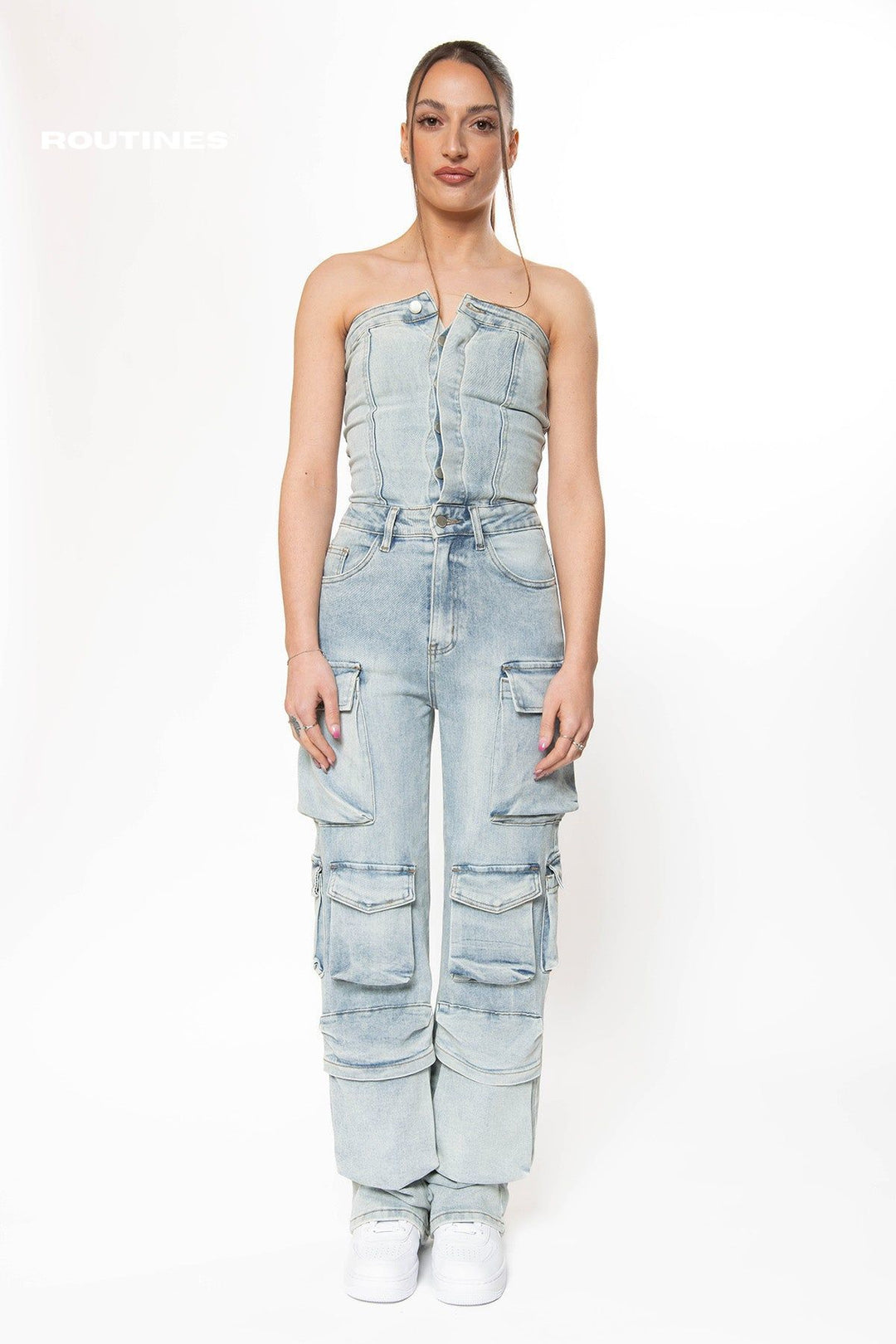 Kenzie Stretch Multipocket Cargo Denim Jumpsuit  Routines Fashion   