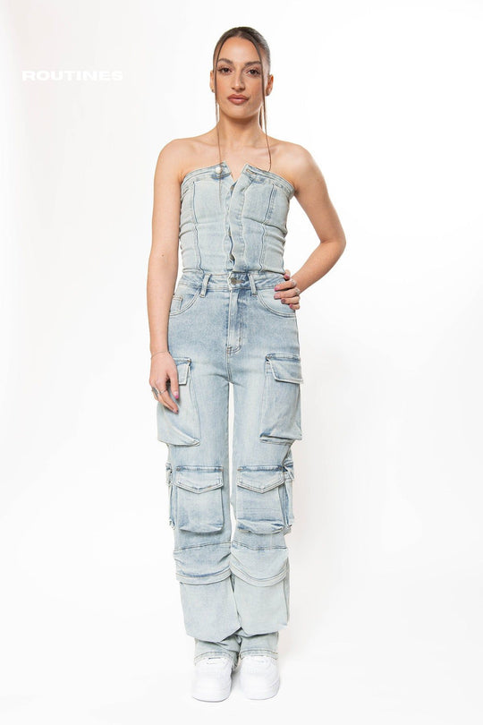 Kenzie Stretch Multipocket Cargo Denim Jumpsuit  Routines Fashion   