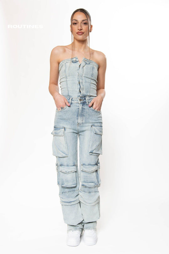 Kenzie Stretch Multipocket Cargo Denim Jumpsuit  Routines Fashion   