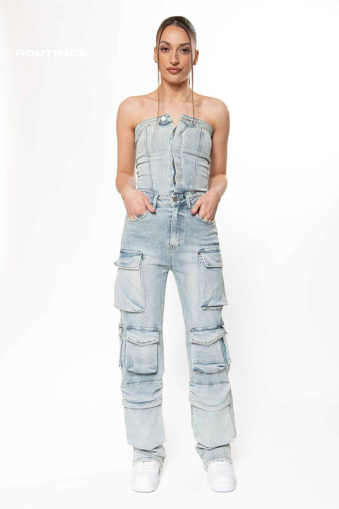 Kenzie Stretch Multipocket Cargo Denim Jumpsuit  Routines Fashion   