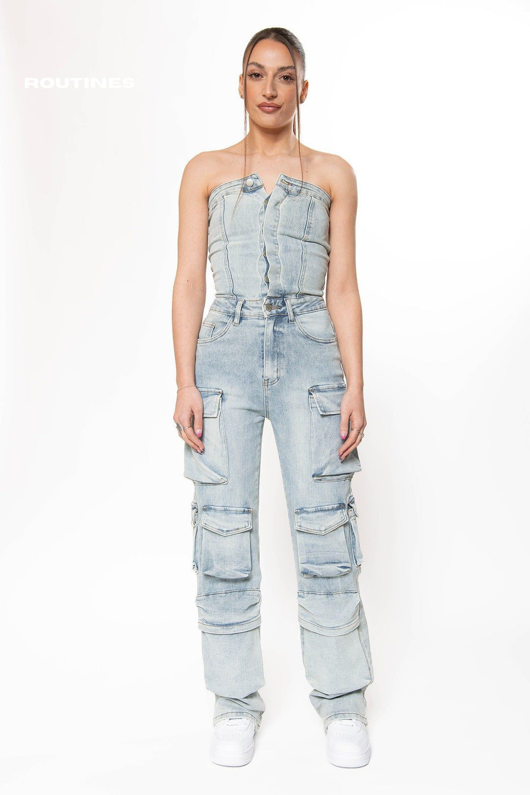 Kenzie Stretch Multipocket Cargo Denim Jumpsuit  Routines Fashion   